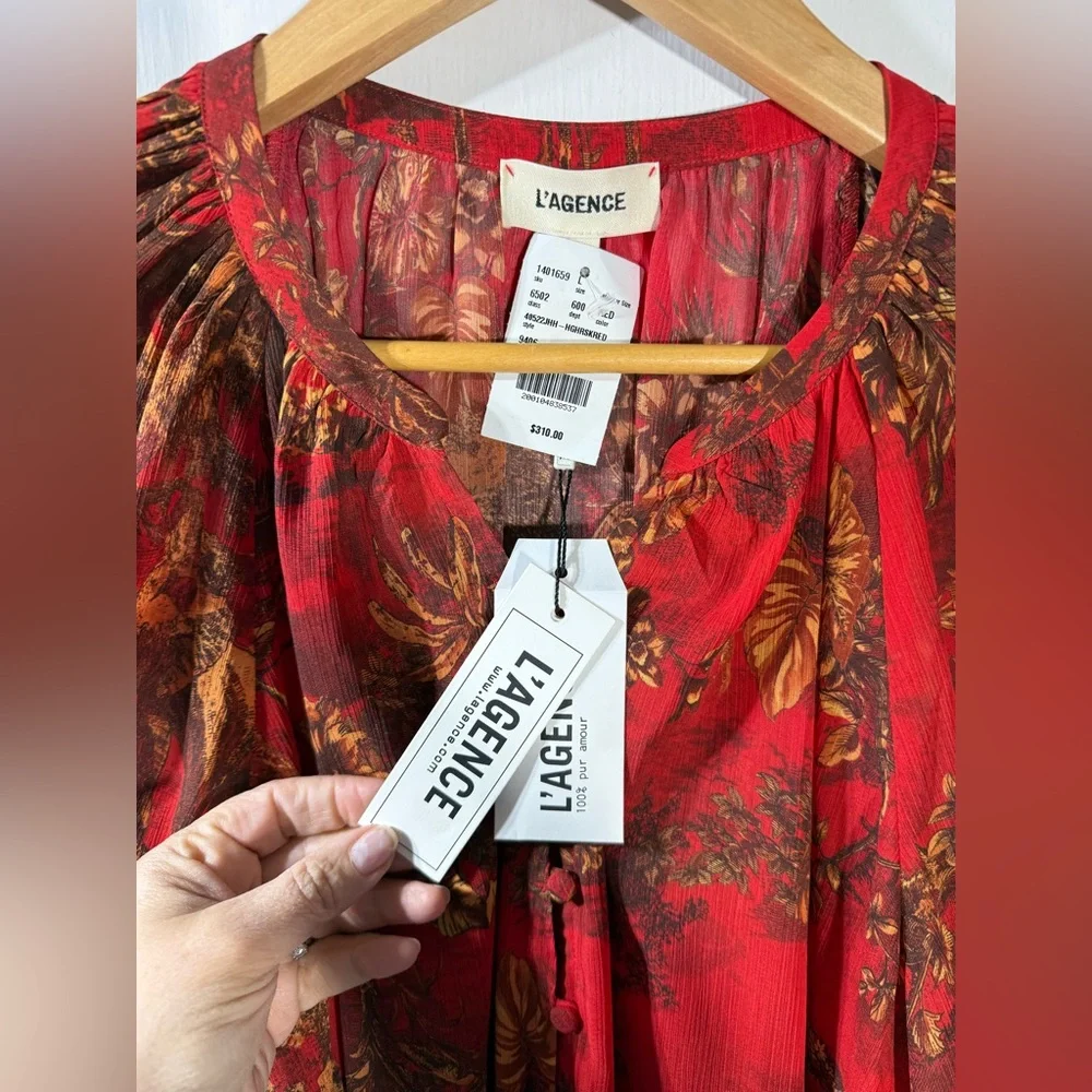 L'AGENCE Teagan Red Jungle Toile Crinkle Chiffon Shirt Top Blouse - Picture 3 of 6